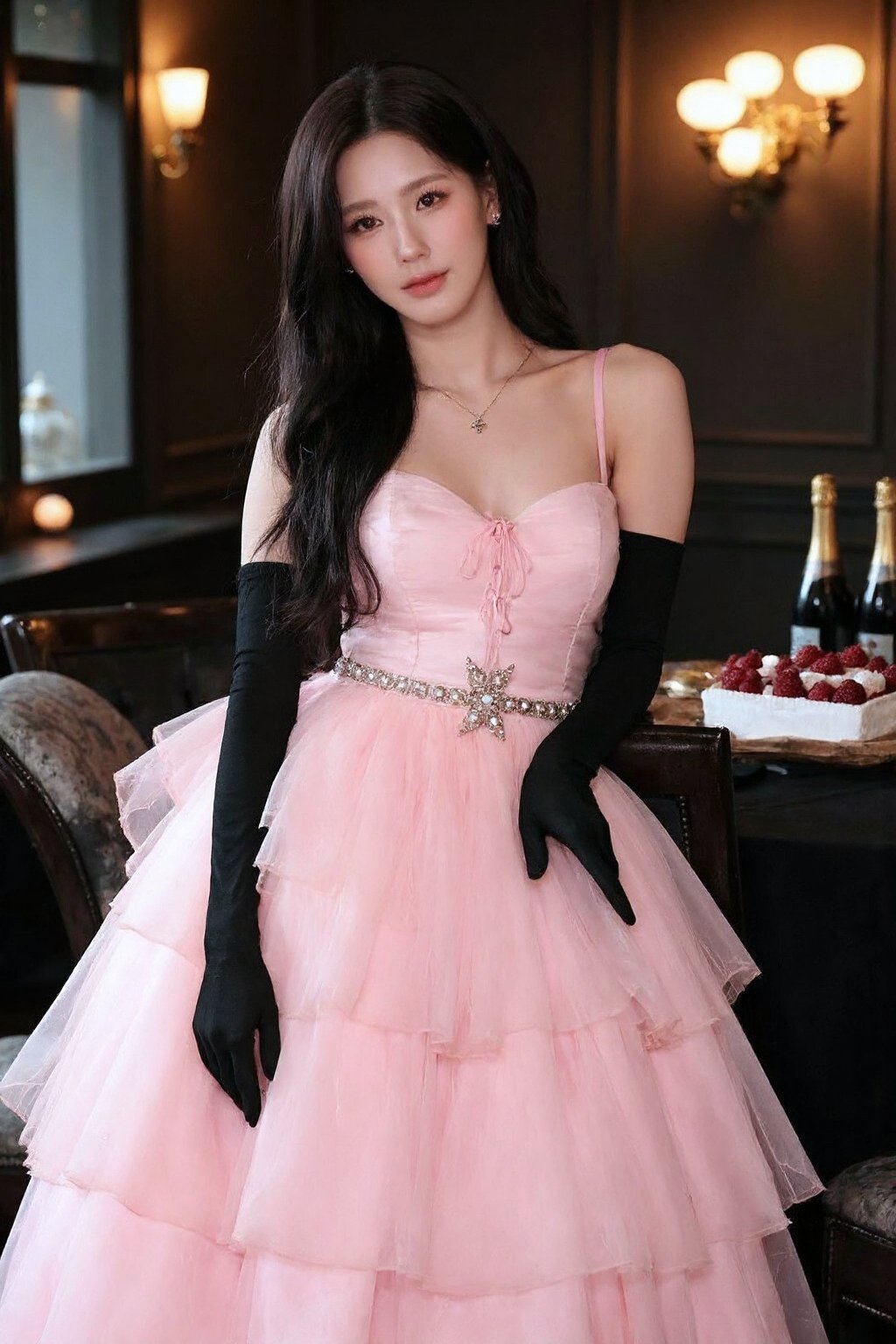 The image features a young korean woman dressed in an elegant, strapless pink tulle gown with multiple layers, giving it a voluminous and ethereal appearance. She is posing in a room with a sophisticated yet cozy atmosphere, standing on a chair at a dining table. The table is set with various items, including a bottle of champagne, dessert dishes, and a cake topped with berries.The woman is accessorized with multiple necklaces, including one with a cross pendant and another with a heart-shaped pendant. She is also wearing long black gloves that contrast sharply with her pink dress, adding a touch of classic elegance. Her hair is styled in loose waves that cascade over her shoulders. The room features soft lighting from vintage-style ceiling lamps,, <lora:flux_realism_lora:1>,   <lora:makinaflux_miyeon_v1.0:1>