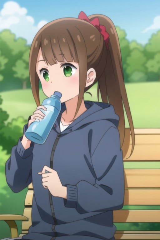 (masterpiece),honshou aru, long hair, brown hair, ponytail, green eyes, 1girl, water bottle, outdoors, bench, solo, hood, holding bottle, sky, day