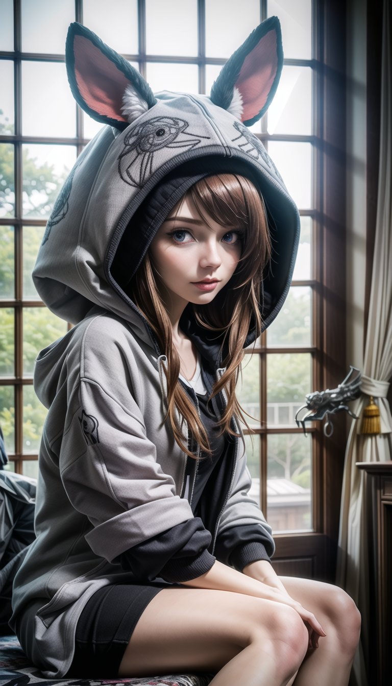 Tilt-shift photo of <lora:stylized_3dcg_v4-epoch-000020:0.8>,  hyper detailed 3d, 1girl, looking at viewer,sitting, full body,  clutter girl's lovely room, hugging stuffed animal,  fluffy hoodie with animal ears,masterpiece, best quality, 8k, detailed skin texture, detailed cloth texture,  beautiful detailed face, intricate details, ultra detailed, zentangle, <lora:hiqcg_body_768_epoch-000005:0.2:NCNF>, hiqcgbody, . Selective focus, miniature effect, blurred background, highly detailed, vibrant, perspective control