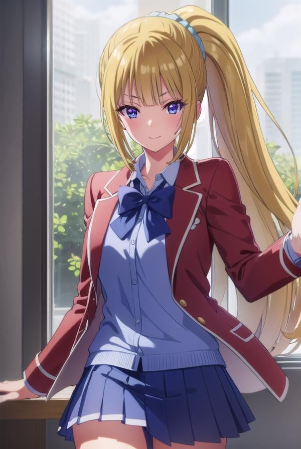 keikaruizawa, <lora:kei karuizawa s2-lora-nochekaiser:1>, kei karuizawa, long hair, bangs, blunt bangs, (purple eyes:1.1), blonde hair, shirt, hair ornament, ponytail, scrunchie, blue scrunchie, smile,BREAK skirt, shirt, bow, school uniform, jacket, (red jacket:1.2), pleated skirt, bowtie, sweater, (blue bow:1.2), (blue shirt:1.2),BREAK indoors, classroom,BREAK looking at viewer, (cowboy shot:1.5),BREAK <lyco:GoodHands-beta2:1>, (masterpiece:1.2), best quality, high resolution, unity 8k wallpaper, (illustration:0.8), (beautiful detailed eyes:1.6), extremely detailed face, perfect lighting, extremely detailed CG, (perfect hands, perfect anatomy),