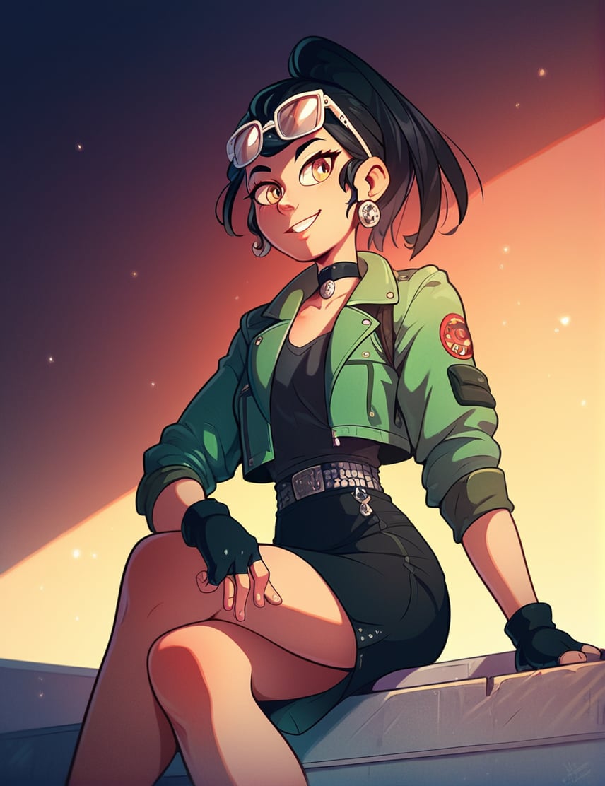 score_9, score_8_up, score_7_up, score_6_up, score_5_up, 1girl,  <lora:An-An_Lee:0.65>, an-an-lee, black hair, ponytail, eyewear on head, yellow eyes, earrings, choker, green jacket, skirt, smile, black skirt, black gloves, fingerless gloves, sitting, 