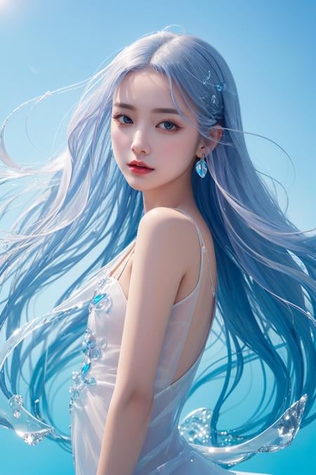 1girl,1solo,the facial details are perfect,and the character details are exquisite,long hair,(floating hair),looking at viewer,haute couture,Fashionable (transparent fluid),glass dress,trendy portraits,bright colors,blue clean background,(Panoramic view:0.8),large aperture,(delicate gloss),((8K gradient translucent glass melt)),gradient,