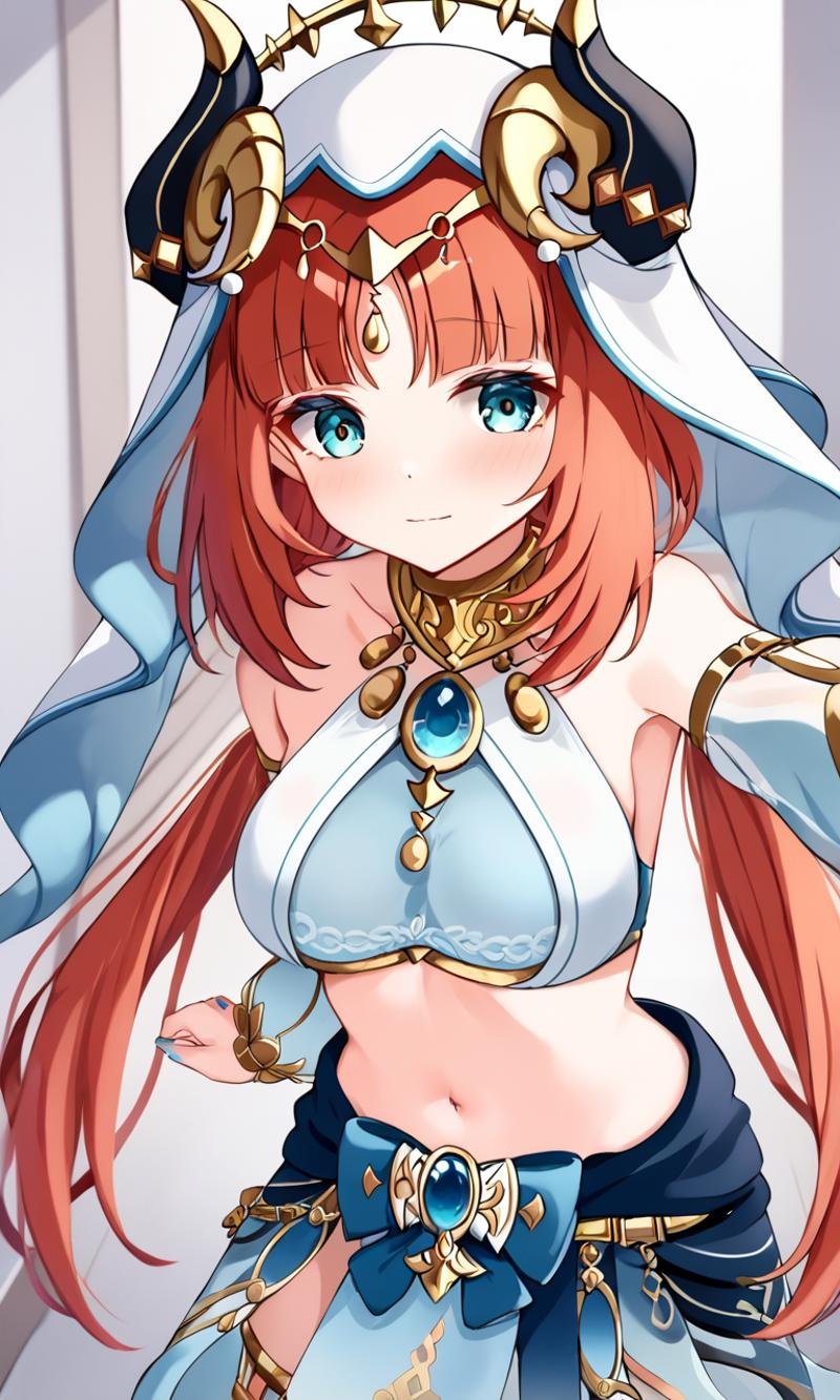 <lora:sdxl-gen-nilou-pony:0.8> gen-nilou, GenshinImpact, 1girl ,aqua eyes, eyeliner, orangered hair, shiny hair, horns, long hair, low twintails, parted bangs, sidelocks, medium breasts, blue nails, circlet, thighlet , neck ring +++ see-through veil, blue gemstone, white headwear, brooch, lightblue harem outfit, puffy long sleeves, bare shoulders, detached sleeves, gold trim, blue skirt, gladiator sandals +++ smile, (troubled eyebrows:0.6), wavy mouth, +++ arms cross at on eyes, selfie solo focus wide shot, looking down, upper body, cinematic lighting, Hallway