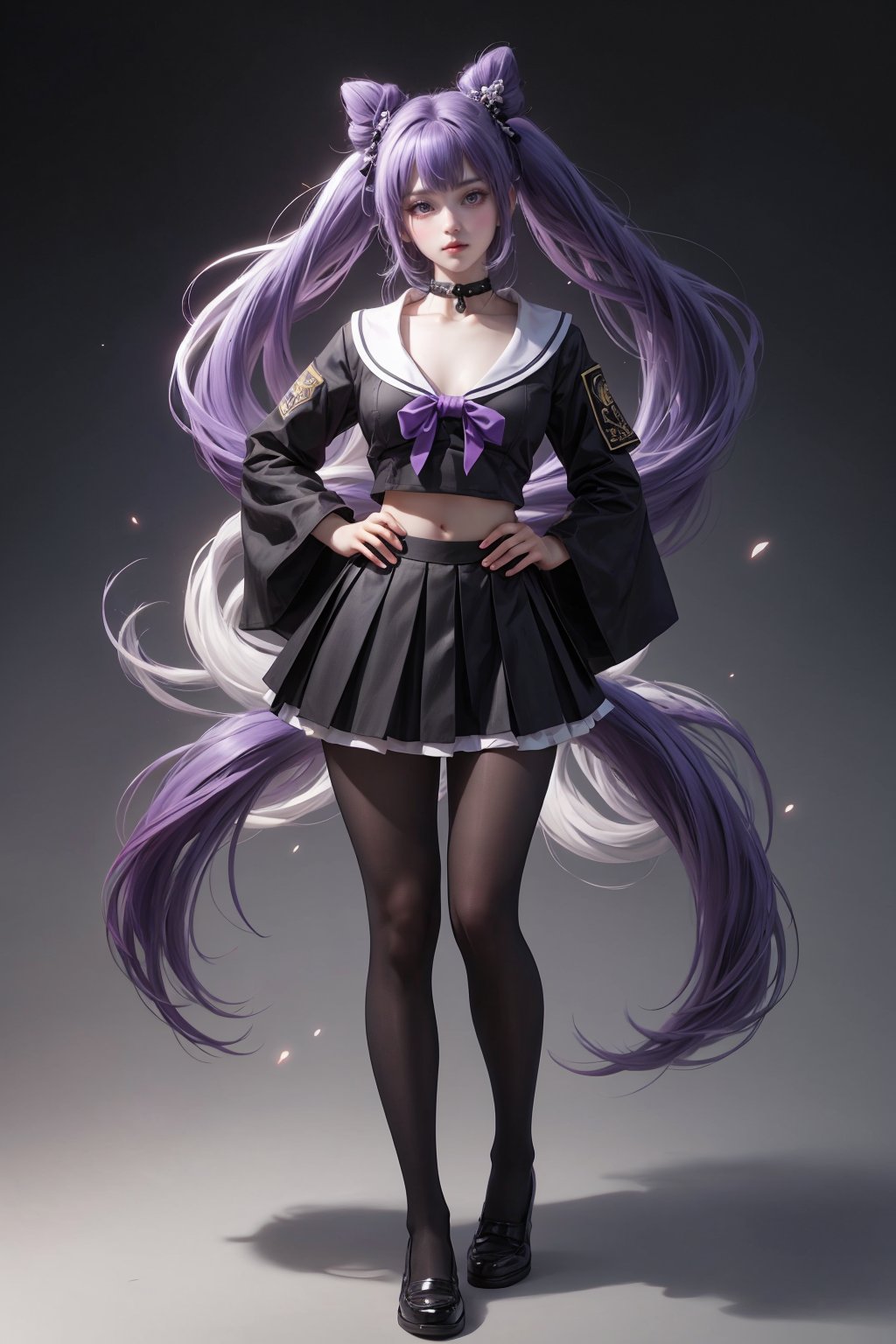 1girl, keqing (genshin impact), solo, pantyhose, skirt, long hair, school uniform, cone hair bun, full body, looking at viewer, serafuku, white background, purple hair, simple background, twintails, hand on hip, breasts, black serafuku, hair bun, long sleeves, black skirt, pleated skirt, black footwear, standing, bow, shirt, shoes, sailor collar, armband, hair bow, bangs, black pantyhose, black shirt, neckerchief, purple eyes, large breasts, very long hair, collarbone, blush, choker, closed mouth, black sailor collar, white bow, alternate costume, loafers, black bow, hair ornament,