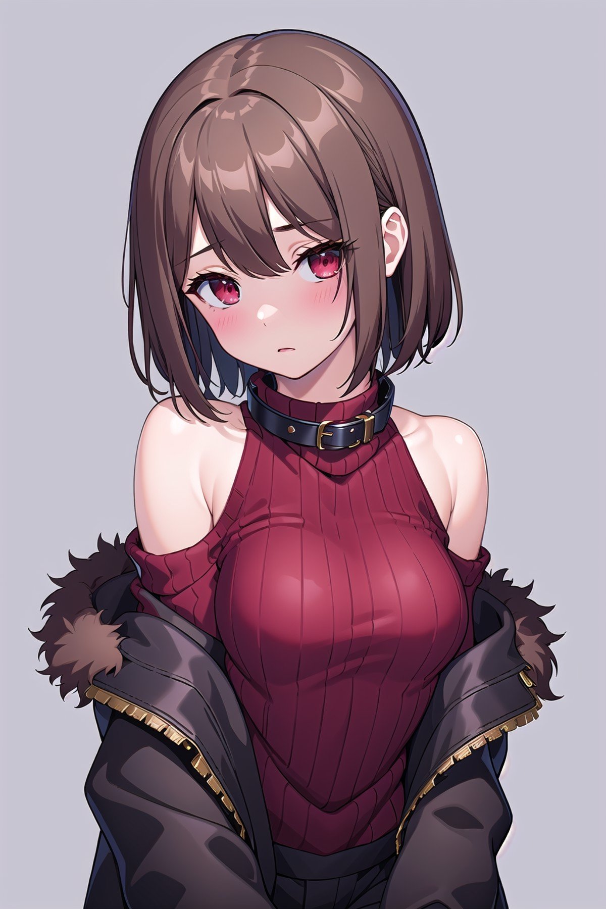 (masterpiece, best quality), charaSF, 1girl, solo, short hair, brown hair, red eyes, collar, black jacket, off shoulder, fur trim, red sweater, ribbed sweater, turtleneck, shoulder cutout, long sleeves, black shorts, blush, <lora:Chara__Storyfell-Undertale-000009:0.7>, portrait