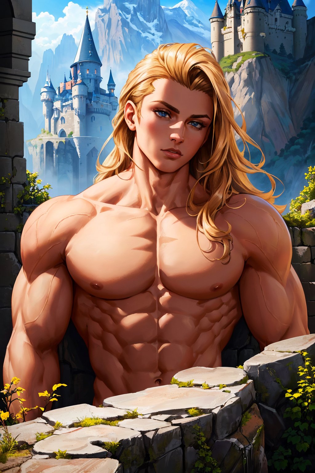 bodybuilder, fcPortrait, A forbidden castle high up in the mountains, pixel art, (intricate details:1.12), hdr, (intricate details, hyperdetailed:1.15), (natural skin texture, hyperrealism, soft light, sharp:1.2), game art, key visual, surreal