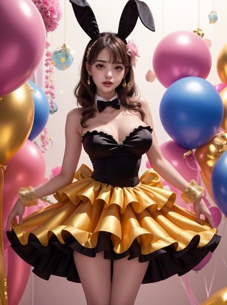 beautiful woman wearing a gold pink (idol dress) <lora:idol_dress-2.0:0.8>, playboy bunny,layered skirt, frills, ribbon, bow, sequins,((nsfw))Floating Islands