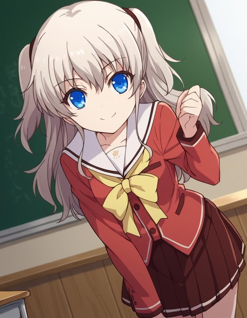 score_9, score_8_up, score_7_up, source_anime,naotomori, <lora:nao-tomori-s1-ponyxl-lora-nochekaiser:1>,nao tomori, long hair, blue eyes, two side up,school uniform, serafuku, long sleeves, red blazer, red skirt, pleated skirt, white sailor collar,indoors, classroom, bent over, smile,looking at viewer, cowboy shot, solo, dutch angle,