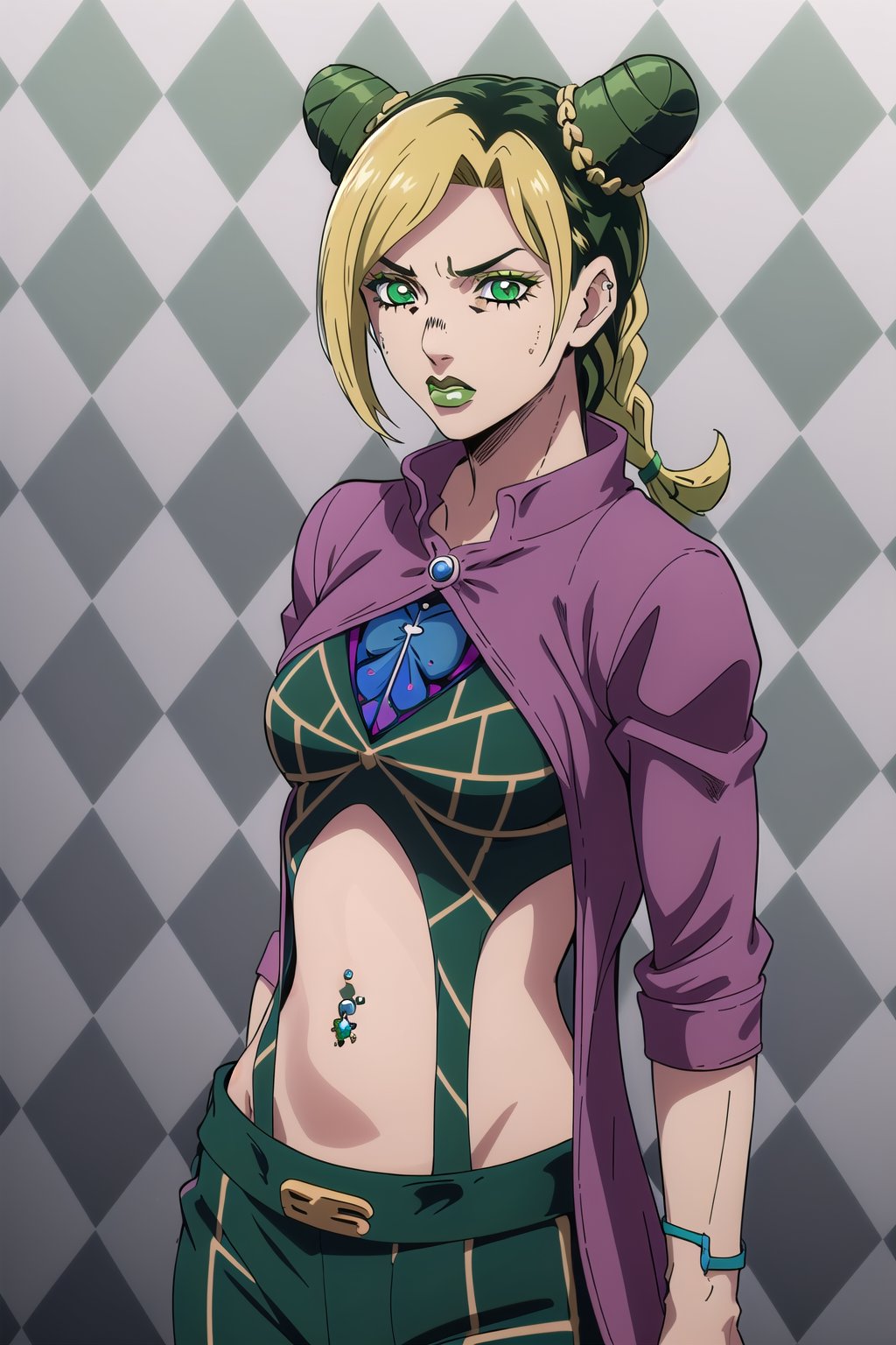 jolyne,  1girl,  solo,  blonde hair,  black hair,  jewelry,  green eyes,  green hair,  midriff,  piercing,  navel piercing,  argyle background,  main outfit,  detailed,  prison jacket,<lora:EMS-260993-EMS:0.800000>