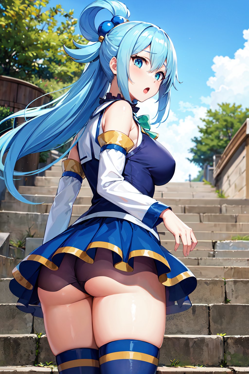 masterpiece, best quality, highres, aaaqua, long hair, blue hair, hair rings, hair ornament, choker, bare shoulders, green bow, blue shirt, detached sleeves, blue skirt, thighhighs, <lora:aqua_(konosuba)_v1:0.7>, from behind, from below, ass, town, :o, walking, looking back, stair