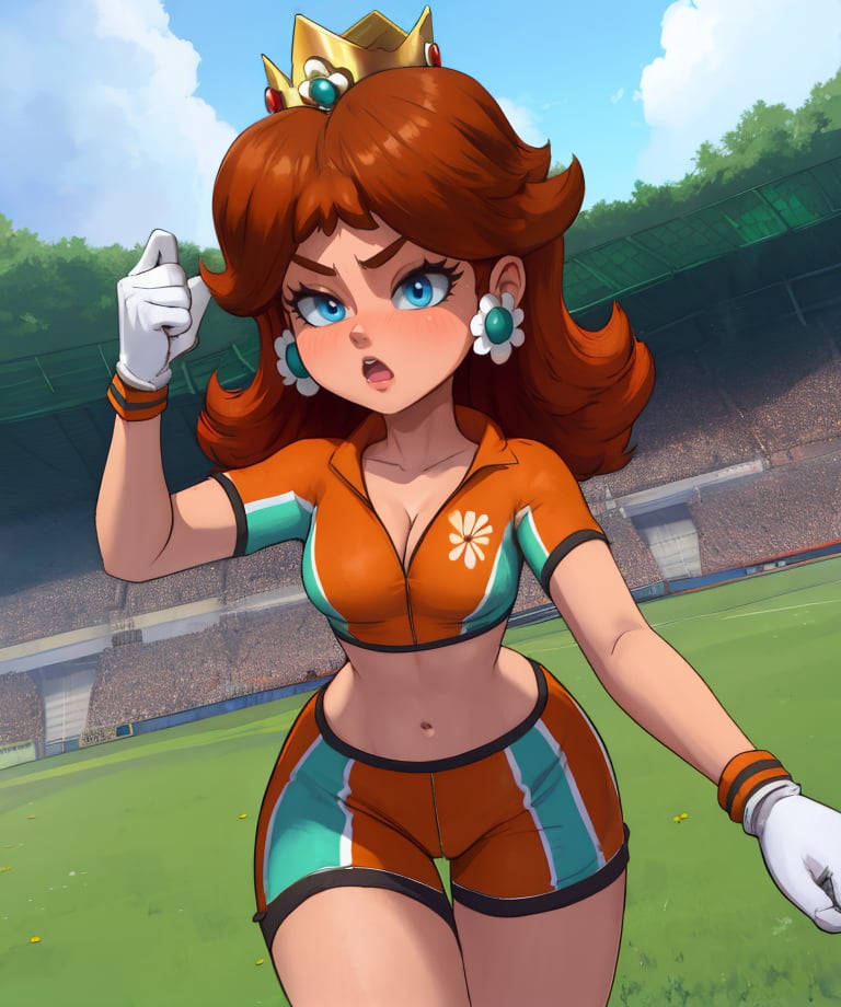 Daisy,brown hair,blue eyes,flower earrings,small crown,tanned,soccer uniform,short sleeves,white gloves,orange shorts,midriff,8,cleavage,serious,walking,motion lines,teeth,soccer field,science fiction,outdoors,(insanely detailed, masterpiece, best quality),<lora:Daisy-11SMSv9:0.9>,cinematic_angle,