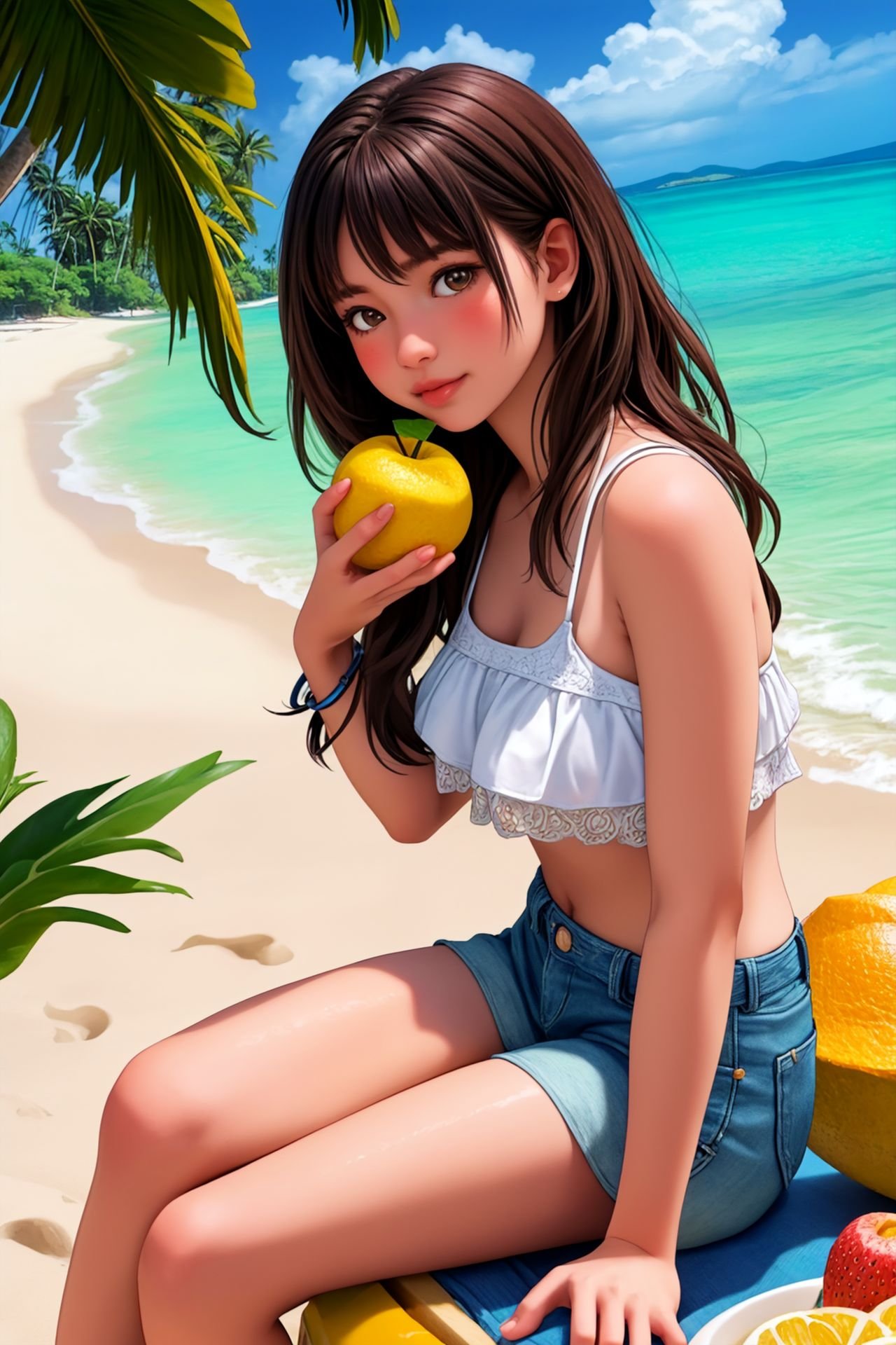 best ratio four finger and one thumb, 20yo Caucasian girl sitting on the beach of a tropical island eating tropical fruit, hyperrealism, high detailed skin, highly detailed background, 8k uhd, dslr, soft lighting, high quality, film grain, Fujifilm XT3, HD, Sharp, OverallDetail