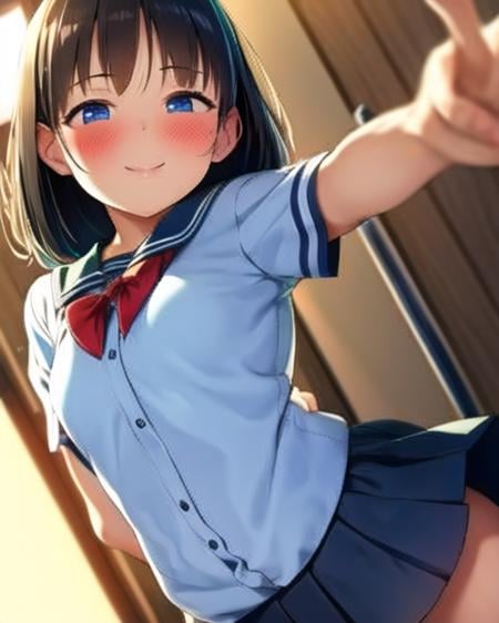 (pija pianissimo), (sfw), 1girl, blush, smile, cowboy shot, dynamic angle, arms behind back, small breasts, looking_at_viewer, school_uniform, shirt, skirt,  <hypernet:pija-23200:1>