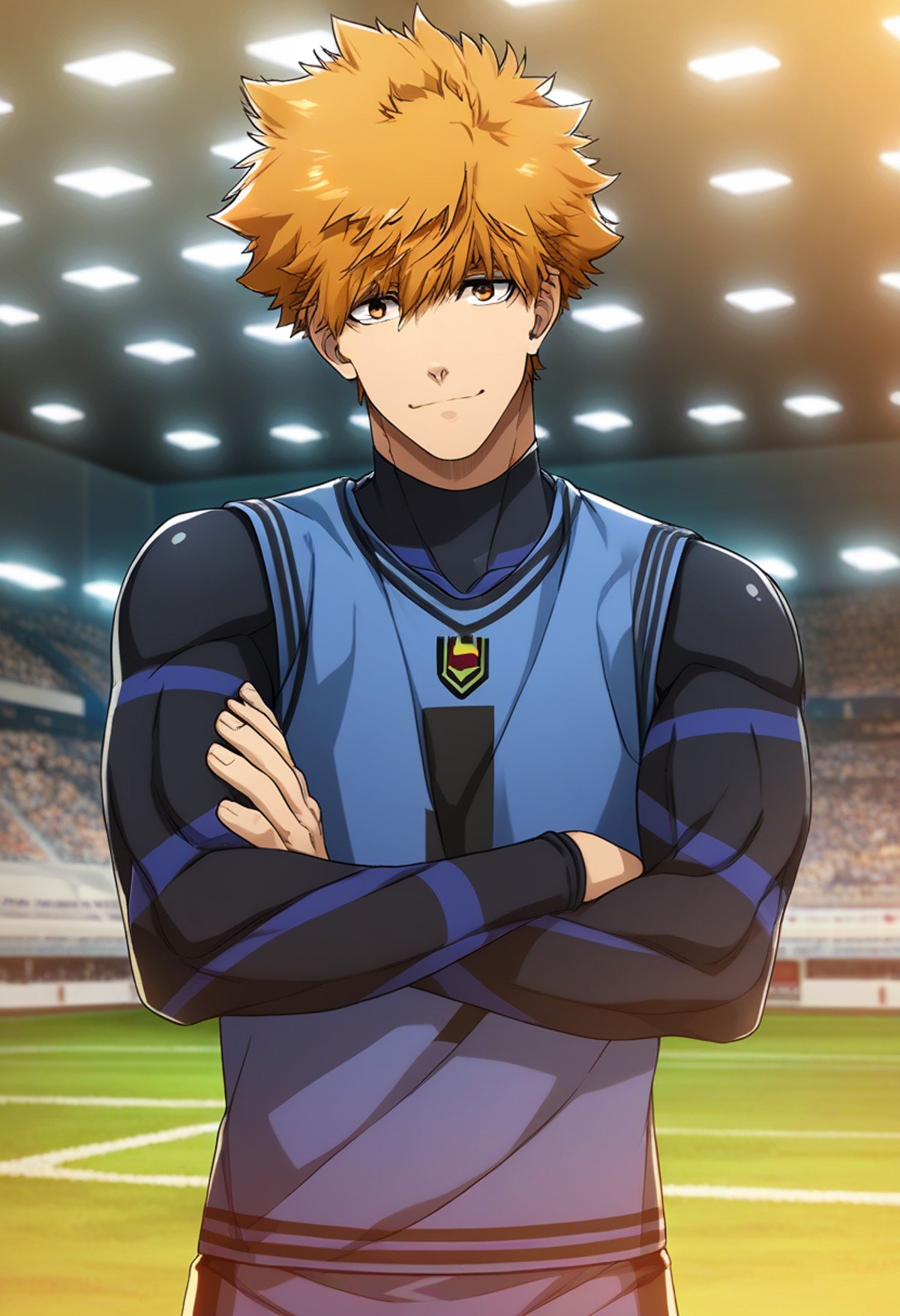 1boy, male focus,<lora:Character_-_Blue_Lock_-_Rensuke_Kunigami:1> rensuke, brown eyes, orange hair((zPDXL)), score_9_up, score_8_up, score_7_up, score_6_up, score_5_up, score_4_up, best quality, amazing quality, best aesthetic, absurdres, year2023, nsfw, game cg, official art, official style, uncensored,indoors, soccer field, depth of field, upper body, facing facing viewer, looking at viewer, bodysuit, 