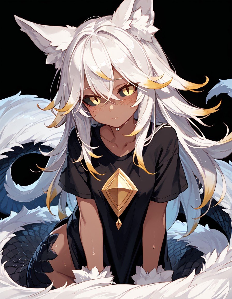 (score_9, score_8_up, score_7_up), best quality, expressive eyes, glowing yellow eyes, perfect face, human face, (masterpiece), MGE, MGE artstyle, (bunyip), animal limbs, (animal arms), animal ears, lamia, (fluffy), (furry tail topside), (white fur), scaled tail underside, black scales, plain oversized t-shirt, wet clothing, nervous expression, shy, looking at viewer, unnatural skin color, black skin, freckles, black sclera, white hair, gold highlights, gold scale edges, (long fuzzy hair), clear tail positions, ear fluff, black background, BREAK, , <lora:948f36f2-102f-4f57-ba44-2b4859034f0e:0.7>