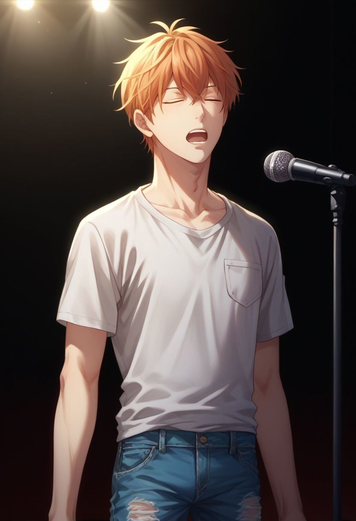 score_9, score_8_up, score_7_up, source_anime, highly detailed, skinny, mafuyu, male focus, 1boy, solo, salmon hair, pants, shirt, microphone stand, closed eyes, upper body. torn clothes, denim, torn pants, open mouth, sing,indoor, dark, stage,