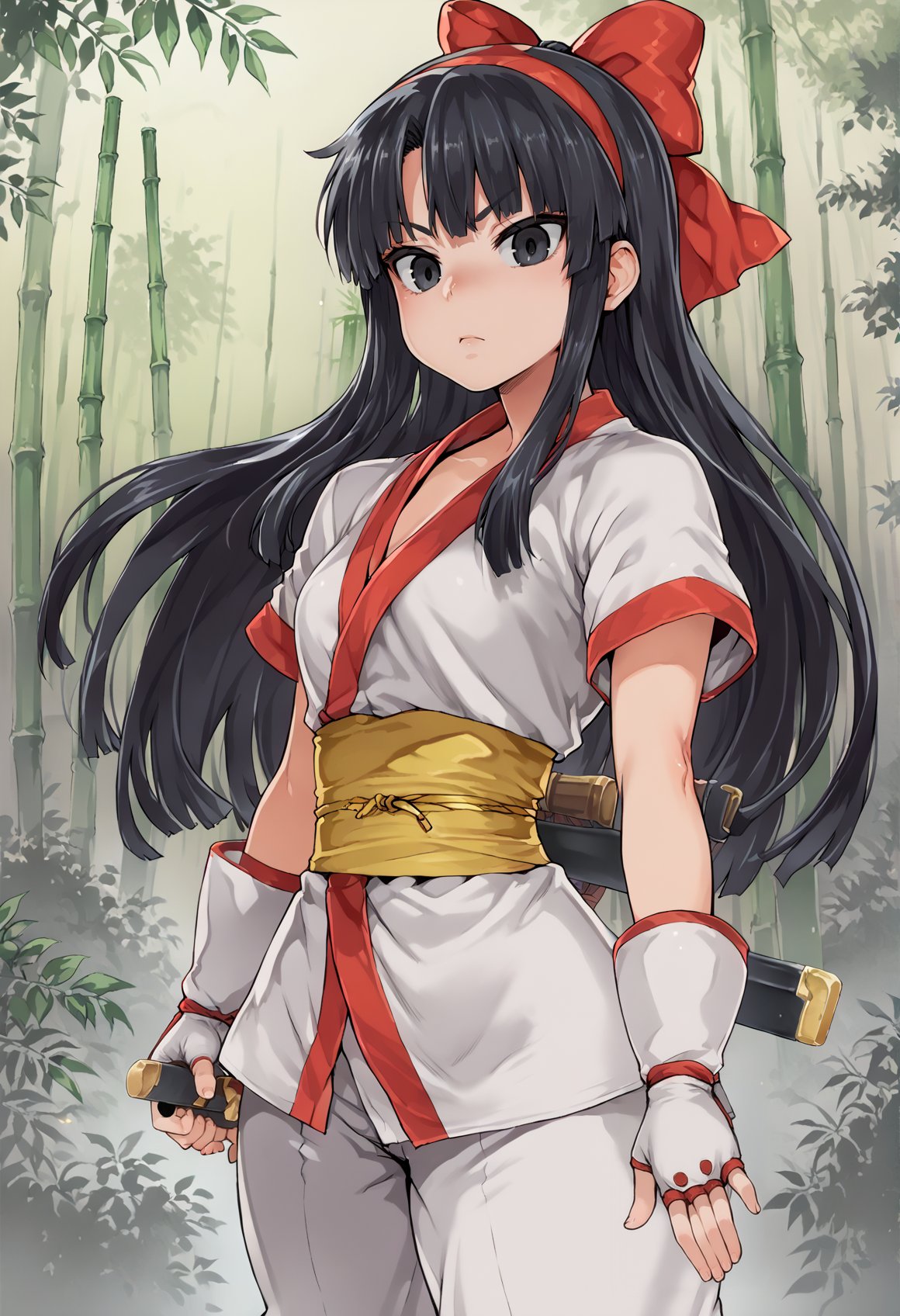 1girl, long hair, black hair, hair bow, hairband, black eyes, ainu clothes, japanese clothes, short sleeves, pants, fingerless gloves, holding weapon, dagger, serious, scabbard, outdoors, bamboo forest <lora:Nakoruru XL:1><lora:Style_Asanagi_XL_ff:1>, score_9, score_8_up, score_7_up, score_6_up, score_5_up, score_4_up, BREAK source_anime, masterpiece