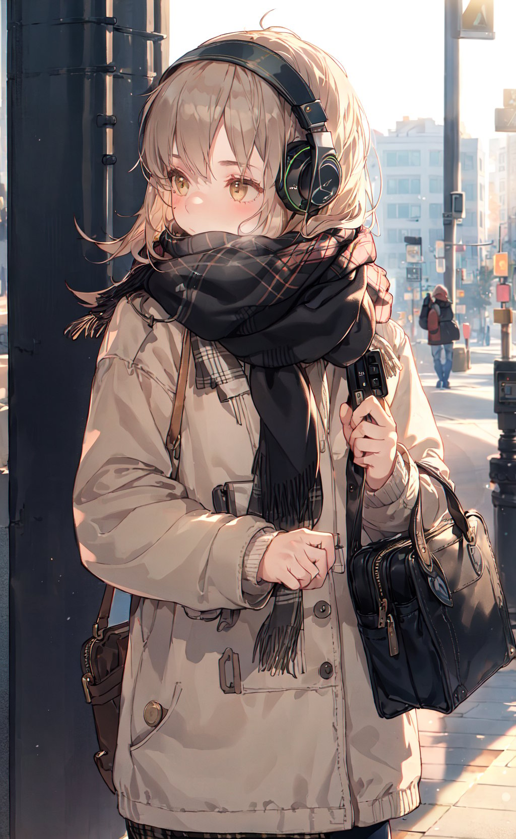 casual photography, girl listening to music, headphones, scarf, bag, park, warm soft lighting