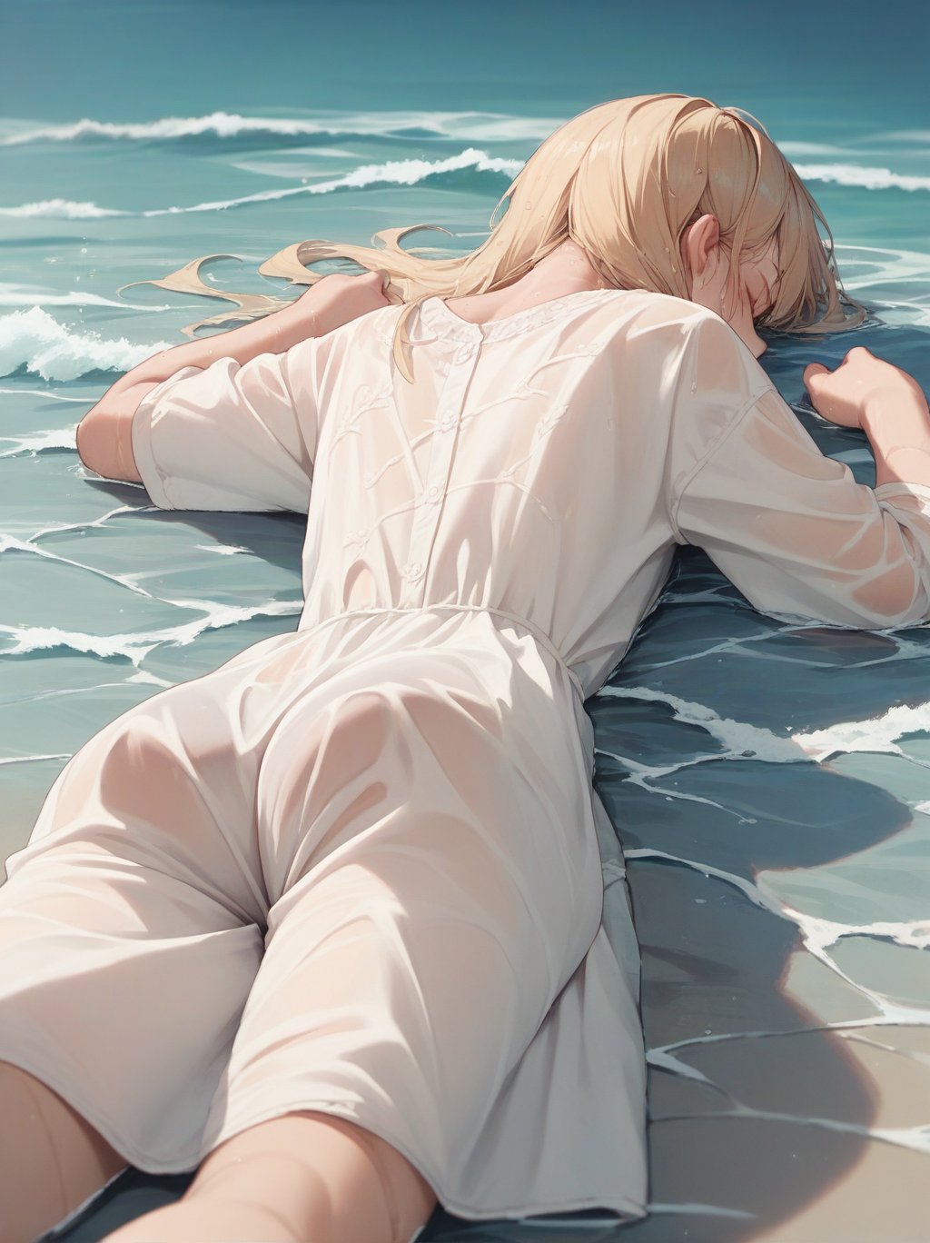 score_9, score_8_up, score_7_up, score_6_up, source_anime, <lora:linen_dress_v0.1-pony:1> 1girl, linen dress,blonde hair,beach, water, lying, wet, partially submerged, see-through, waves,ocean, on stomach, ass,