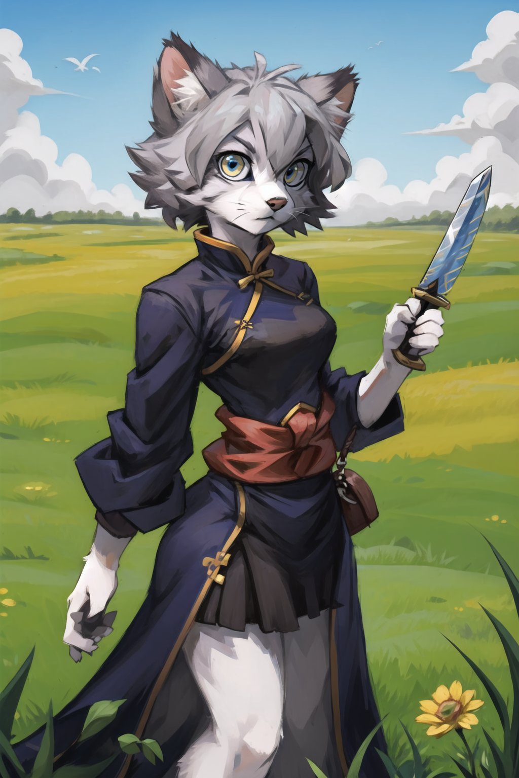 masterpiece, best quality,manul,tusun,looking at viewer, furry girl,grey hair,blue chinese clothes, outdoors,grass,prairie,holding china sword <lora:兔狲:0.5>