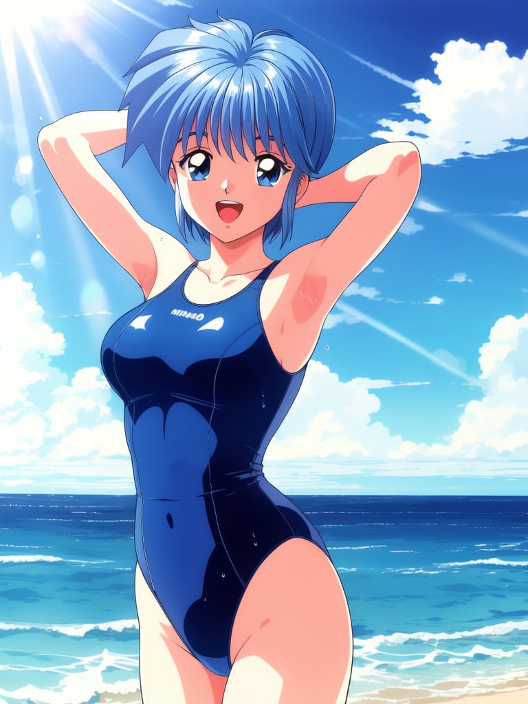 <lora:Nijino_Saki:0.8> NijinoSaki, 1girl, solo, retro artstyle, swimsuit, one-piece swimsuit, outdoors, day, wading, water, open mouth, arm up, 1990s (style), casual one-piece swimsuit, ocean, sky, cowboy shot, looking at viewer, plaid, smile, breasts, armpits, sunlight, cloud, standing, bangs,masterpiece, high quality, very_high_resolution, large_filesize, full color, 