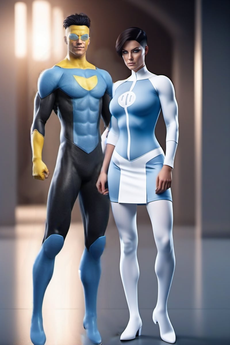 cinematic photo  a full body view of  muscular woman upset, short dark hair, huge breast, hourglass figures,wears a futuristic white and lightblue bodysuit, white miniskirt, and a man in a bleu and yellow superhero suit <lora:Anissa1024:0.8>  . 35mm photograph, film, bokeh, professional, 4k, highly detailed