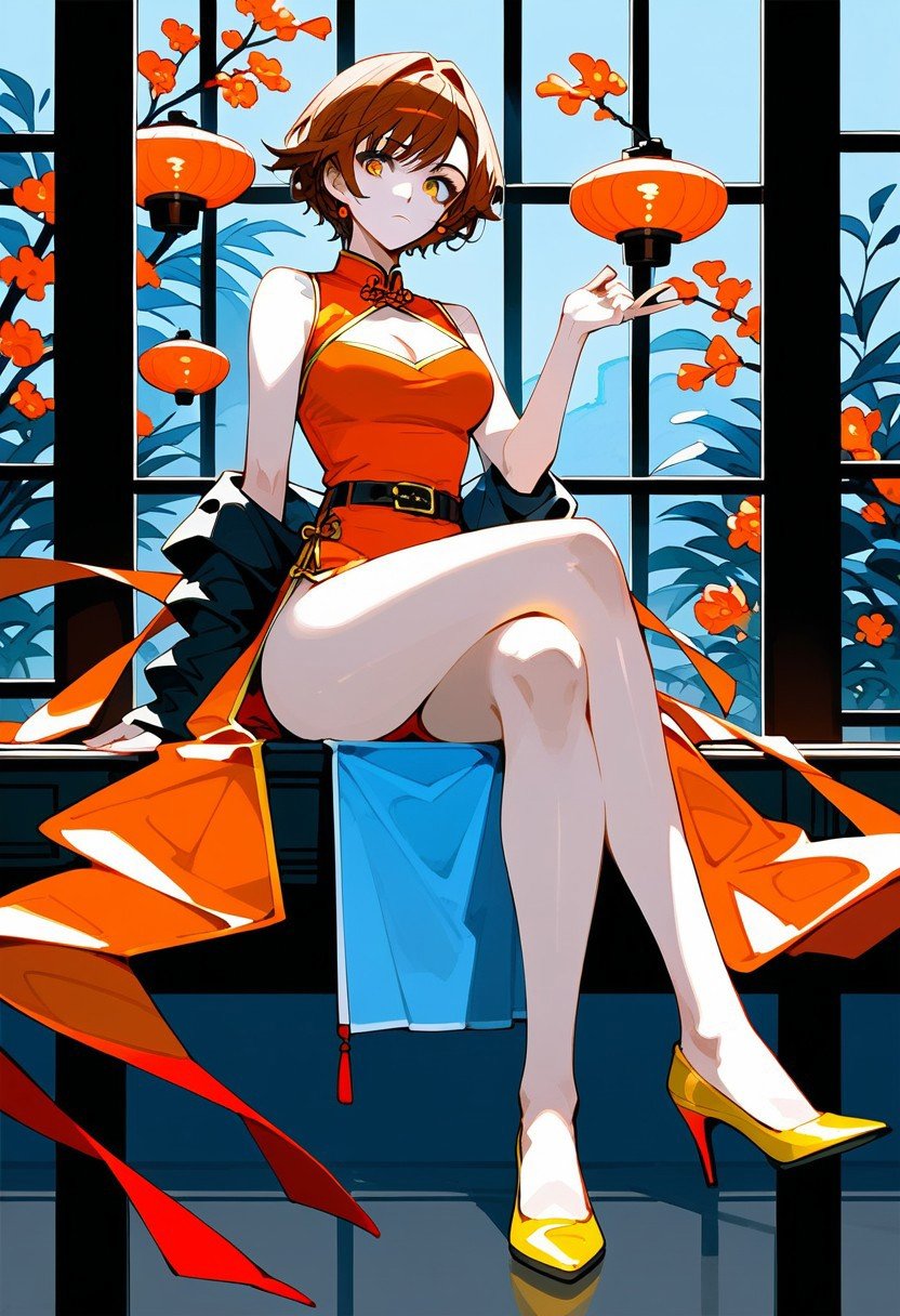 score_9,score_8_up,score_7_up,source_anime, Androssi Zahard,1girl,solo,breasts,looking at viewer,dress,closed mouth,cleavage,bare shoulders,sitting,medium breasts,full body,sleeveless,belt,hand up,high heels,clothing cutout,sleeveless dress,bare legs,chinese clothes,red dress,cleavage cutout,crossed legs,china dress,yellow footwear,orange dress,