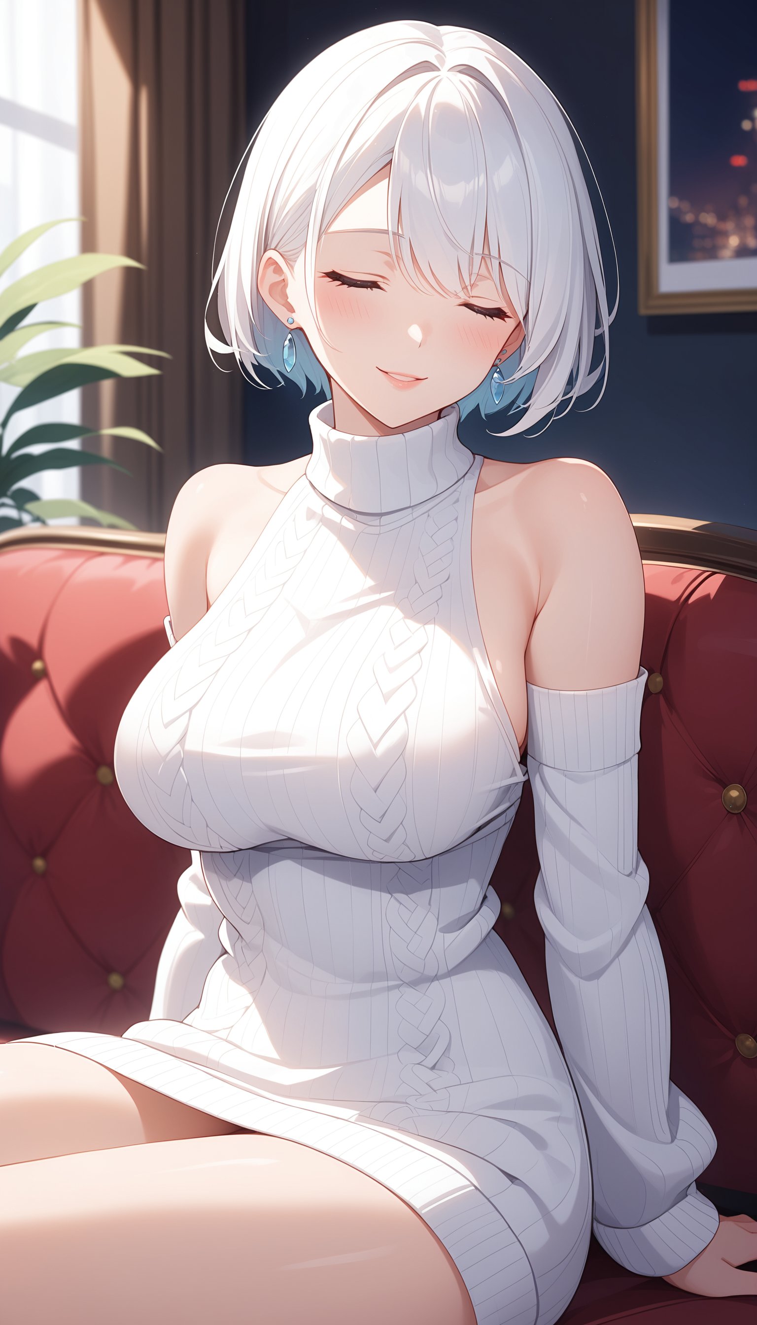 score_9, score_8_up, score_7_up, intricate details,1girl, solo, closed eyes, sitting, sweater, smile, white hair, short hair, detached sleeves, couch, large breasts, dress, turtleneck, indoors, blush, white sweater, sweater dress, jewelry, long sleeves, facing viewer, bare shoulders, earrings, turtleneck sweater, on couch, cable knit, thighs, sleeveless, parted lips, turtleneck dress, feet out of frame, white dress