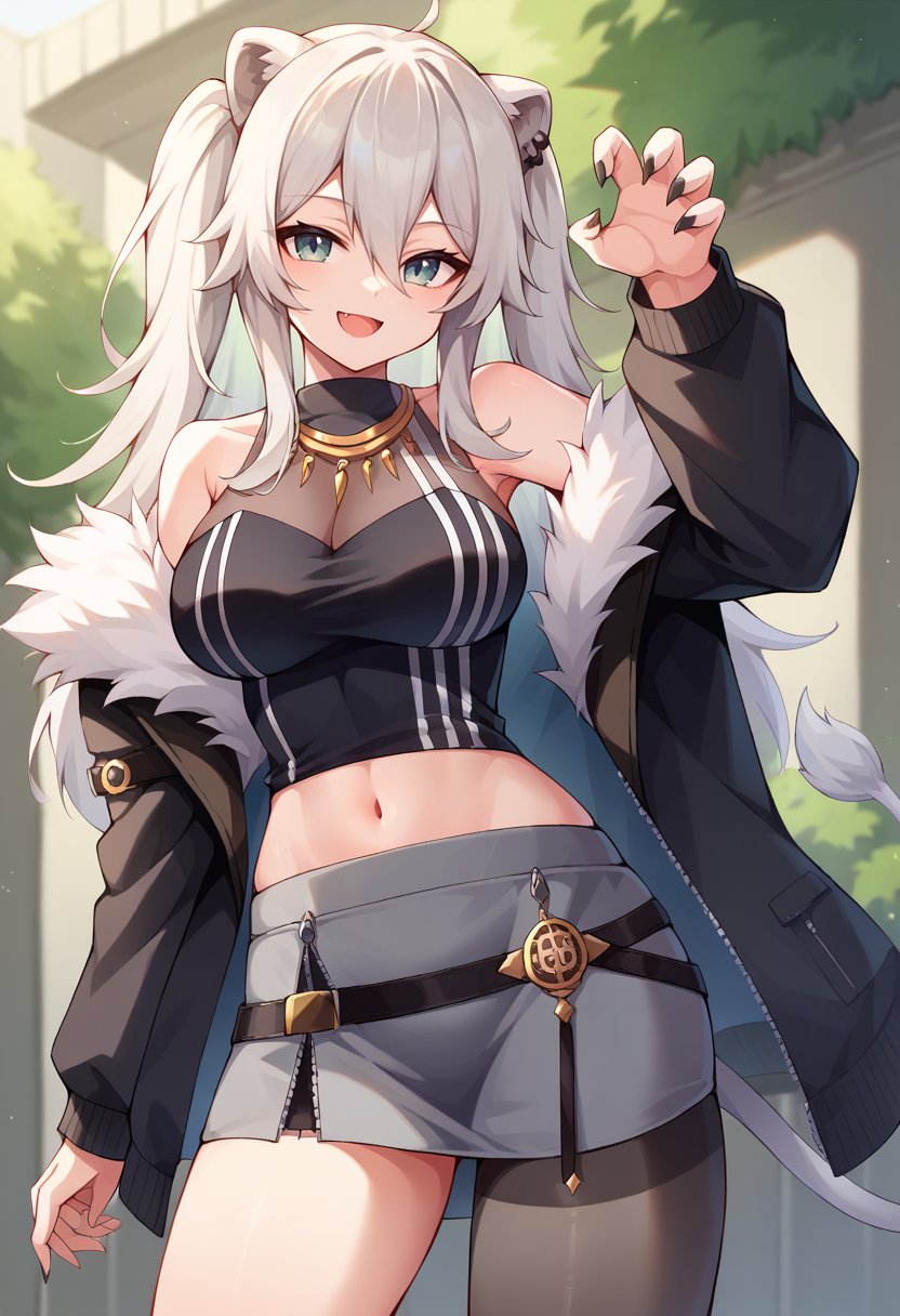 core_9, score_8_up, score_7_up, BotanBase, long hair, two side up, ear piercing, lion tail, necklace, black shirt, sleeveless shirt, midriff, see-trough, grey skirt, single leg pantyhose, pantyhose, fur-trimmed jacket, black jacket, off shoulder, smile, standing, claw pose, fang, <lora:ShishiroBotanPDXL:1>