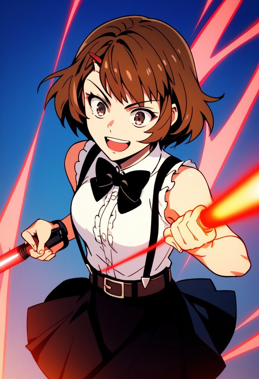 score_9,score_8_up,score_7_up,source_anime, Androssi Zahard,hairclip,1girl,solo,smile,open mouth,short hair,shirt,skirt,brown hair,hair ornament,bow,ribbon,brown eyes,white shirt,frills,sleeveless,hairclip,belt,bowtie,black skirt,parody,suspenders,suspender skirt,firing,laser,