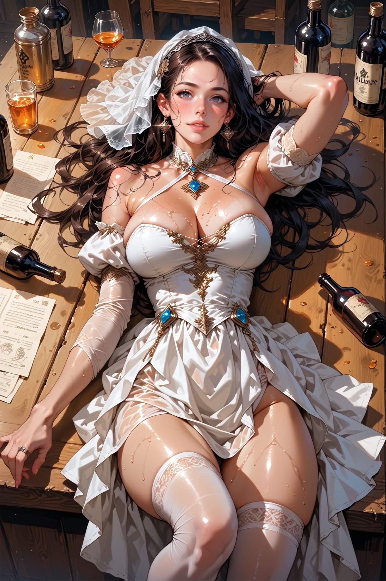 score_9, score_8_up, score_7_up, score_6_up, score_5_up, score_4_up,  1girl, freckles, shiny skin, cleavage, thighs, stockings, wet skin, huge breasts, eye contact, long hair, in a fantasy tavern, (from above), moody lighting, laying on bar, suggestive pose, bottles, dim lighting, medieval fantasy, perfect quality, high quality, photorealistic, laying (white dress), LAstargalaxydress, <lora:LAstargalaxydressXL:0.9>, BREAK, highly detailed, gem earrings,<lora:hand 4:0.3>  , <lora:Fant5yP0ny:0.6>