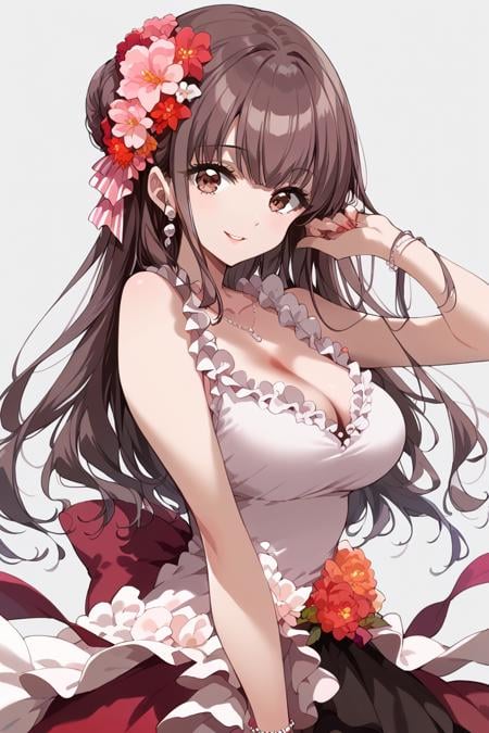 score_9, score_8_up, score_7_up, score_6_up, 1girl, <lora:Amano_Airi:0.9> amano, breasts, solo, brown hair, flower, long hair, hair ornament, dress, hair flower, cleavage, jewelry, bracelet, looking at viewer, smile, brown eyes, stadef