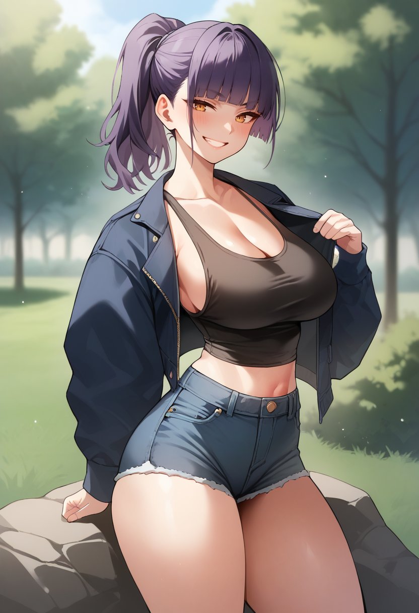 score_9, score_8_up, score_7_up, source_anime, 1girl, solo, park, amber eyes, violet hair, blue jacket, open jacket, black tank top, jean shorts, seated, on a rock, cowboy shot, grin, blush,  big breasts, wide hips, thick thighs, blunt bangs, ponytail, by mx2j <lora:mx2j-Style-PonyXL:1>