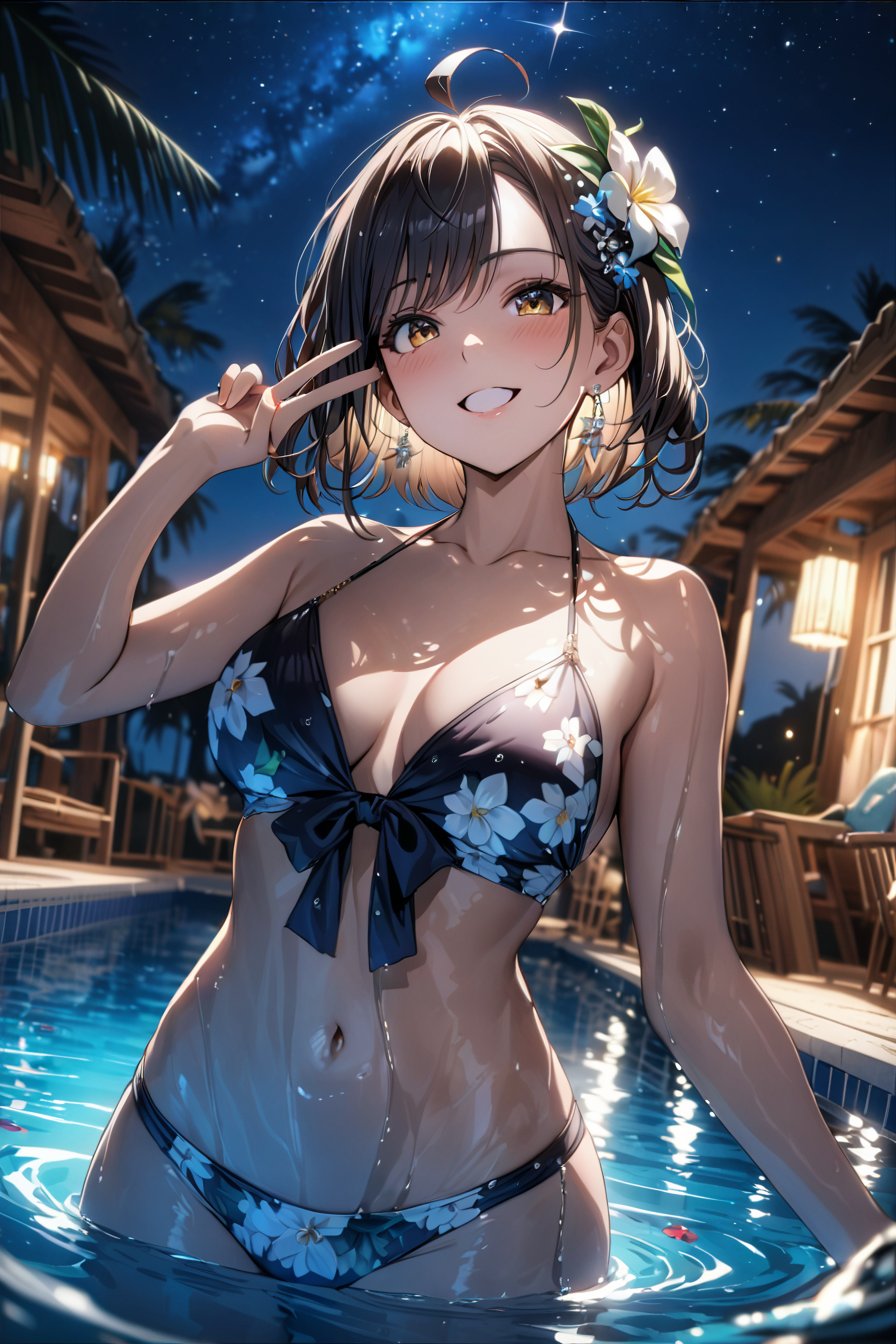 masterpiece best quality 1girl (masterpiece:1.2),best quality,PIXIV,who,swimsuit,bikini full bodynight sky standing from below starbangs,looking at viewer,flower,short hair,outdoors,parted bangs,open mouth,hair ornament,medium breasts,navel,hair flower,ahoge,drinking glass,jewelry,v,partially submerged,pool,watercollarbone,drinking straw,off shoulder,grin,floral print,wavy hair,earrings,braid,eyelashes,(masterpiece,detailed,highres:1.1)(Depth of field hdr 8k 4k wallpaper cinematic angle, cinematic lighting,:1.1) (masterpiece, best quality:1.55), (Depth of field hdr 8k 4k wallpaper cinematic angle, cinematic lighting,:1.5) (masterpiece, best quality:2.0)