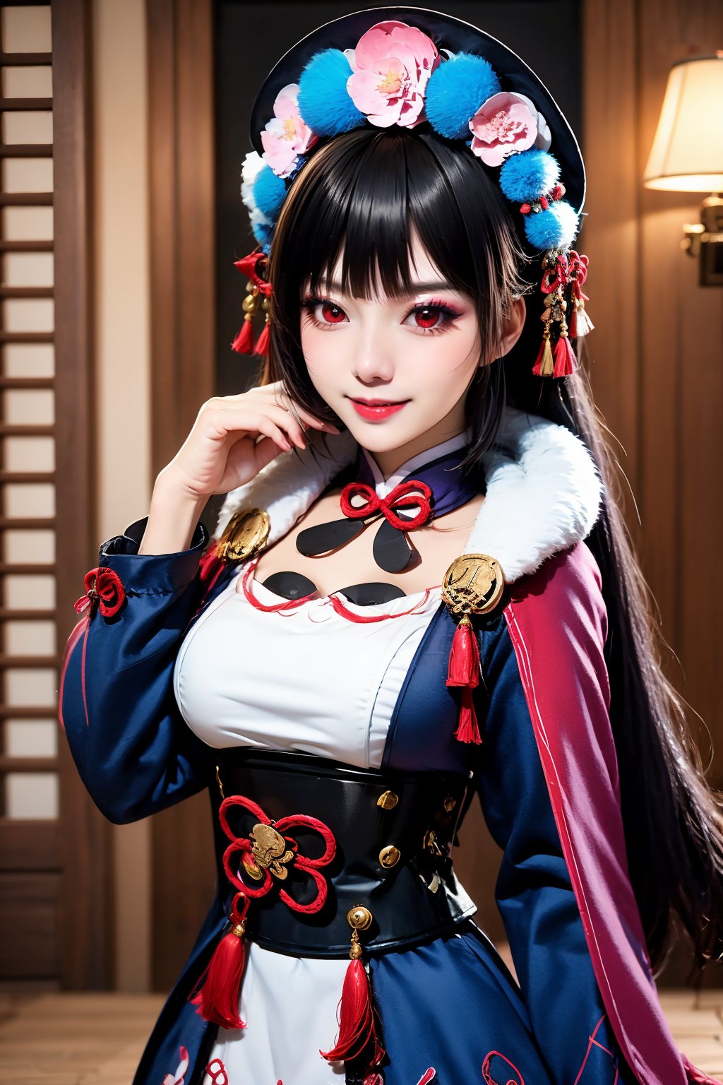 1girl, yun jin \(genshin impact\), solo, black hair, long hair, dress, breasts, blunt bangs, eyeshadow, red eyes, long sleeves, looking at viewer, vision \(genshin impact\), capelet, makeup, bonnet, tassel, indoors, red eyeshadow, parted lips, hand up, fur trim, lolita fashion, large breasts, blue dress, cowboy shot, realistic, lips, blurry, black corset, fur collar, architecture, flower knot, pink capelet, mascara, standing, hair ornament, east asian architecture, medium breasts, blurry background, smile, corset, hat, chinese clothes