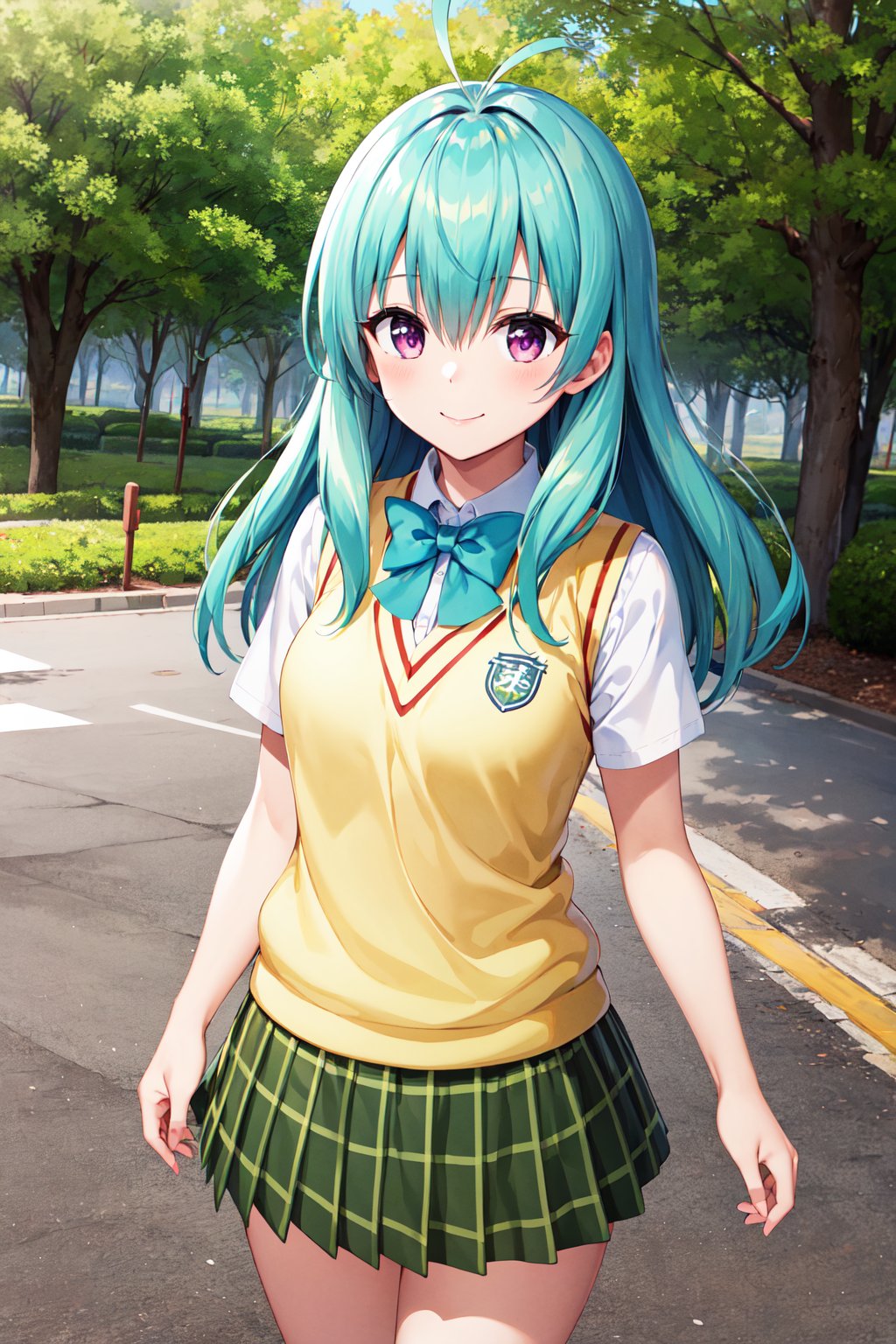 masterpiece, best quality, highres, aarej, solo, long hair, antenna hair, purple eyes, school uniform, green bowtie, white shirt, sweater vest, yellow vest, short sleeves, plaid skirt, green skirt,  <lora:run_elsie_jewelria_v1:0.7>, standing, cowboy shot, outdoors, smile