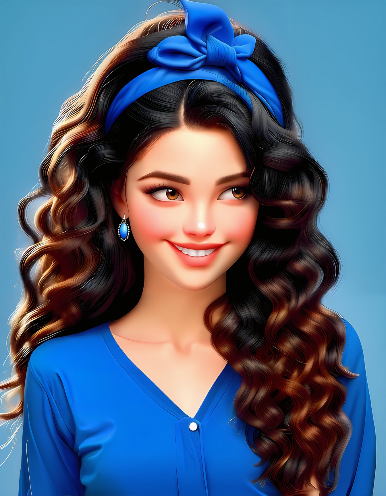 1girl, long hair, smile, simple background, shirt, brown hair, black hair, closed mouth, jewelry, brown eyes, upper body, earrings, hairband, looking to the side, lips, makeup, blue background, blue shirt, portrait, curly hair, blue hairband