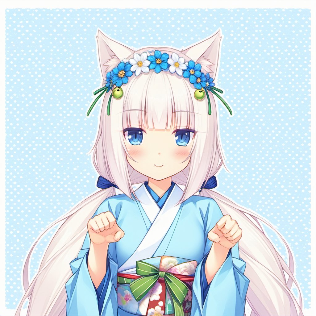 <lora:Hans-Nekopara-base-v2-000009:0.8>,nekopara,Vanilla_\(nekopara\), animal_ears, solo, japanese_clothes, cat_ears, blue_eyes, long_hair, flower, twintails, kimono, looking_at_viewer, white_hair, blush, miko, paw_pose, upper_body, hair_ornament, low_twintails, slit_pupils, hair_flower, wide_sleeves, bangs, blunt_bangs, head_wreath, ribbon, bell, smile, artist_name, holding