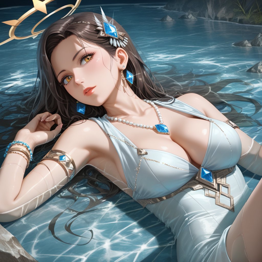 (,1girl, ,best quality, ),,masterpiece, ((((1girl, solo, , ,solo focus, lying on water, )))) (cleavage),,  (), ,ultra realistic 8k cg,   clean, masterpiece,     (( , )),,  , unreal, science fiction, luxury, jewelry, diamond, gold, pearl, gem, sapphire, ruby, emerald, intricate detail, delicate pattern, charming, alluring, seductive, erotic, enchanting, hair ornament, necklace, earrings, bracelet, armlet,halo,(cleavage),, , (),