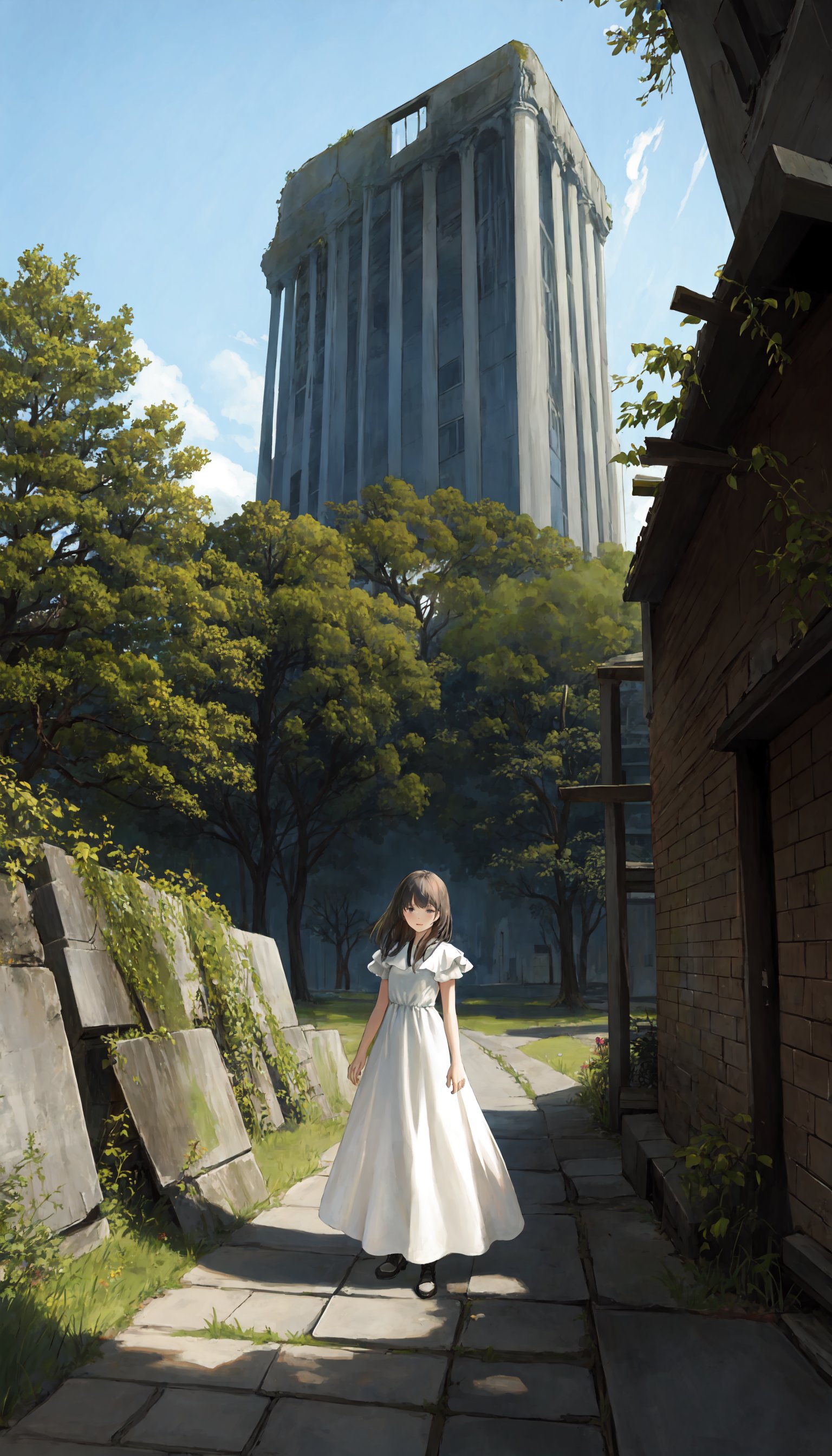 1girl, solo, ruins, outdoors, scenery, dress, long hair, tree, white dress