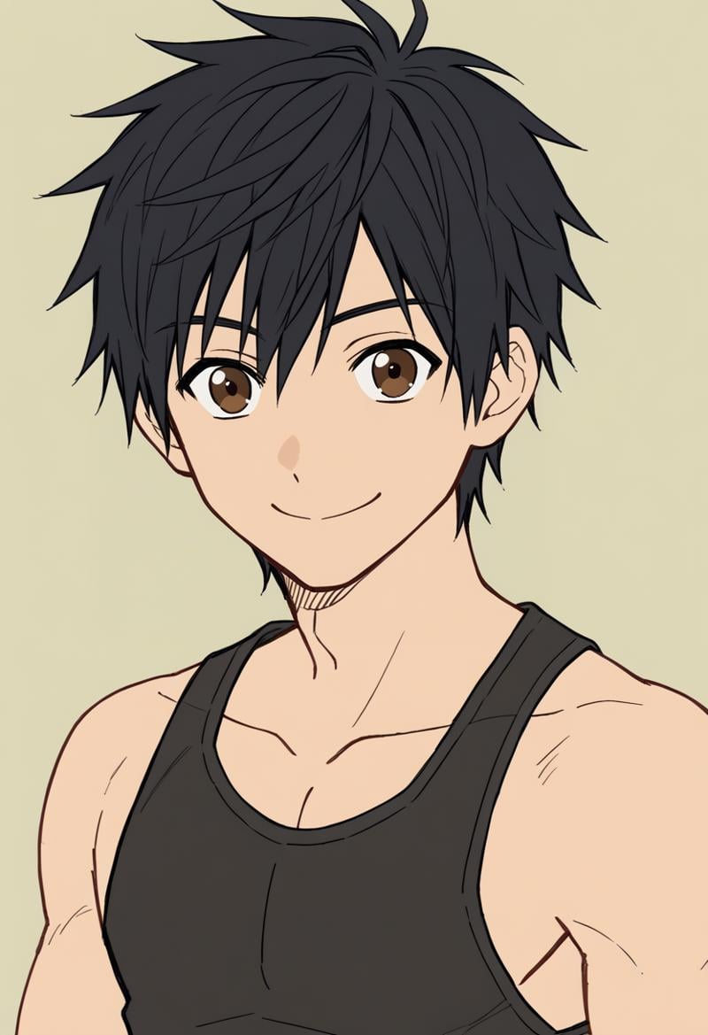 <lora:FlatColor:1.2> flat color, 1boy, solo, brown eyes, black hair, wearing a tank top, upper body, smile, looking at viewer,simple background