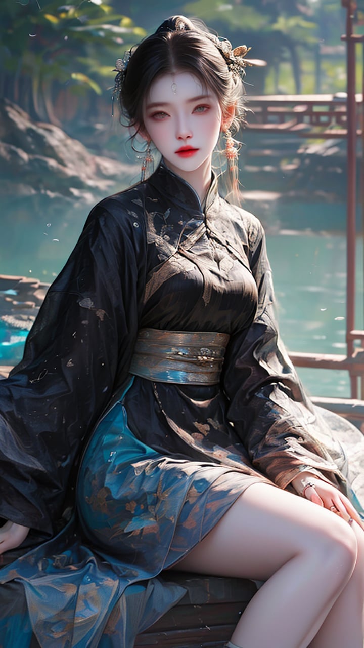 1girl,solo,realistic,hair ornament,hanfu,chinese clothes,black hair,sitting,water,blurry background,own hands together,looking at viewer,earrings,jewelry,blurry,