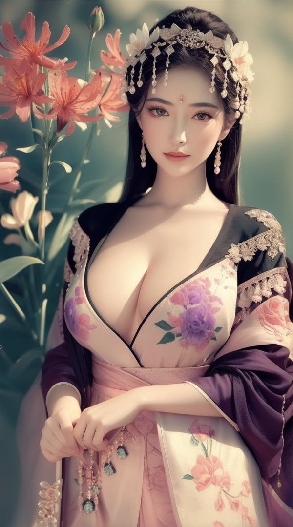 (,1girl, ,best quality, ),looking at viewer, <lora:391-DA-国风-抹胸汉服:0.8> ,ultra detailed 8k cg,ultra detailed background,ultra realistic 8k cg,1girl, solo,(bare shoulders:0.85),(masterpiece, best quality),((oil painting style)),sexy young lady,(beautiful face and eyes),(upper body:1.5),(whole body:1.05),(single person:1.2),surrounded by flowers, (lily), roses, floret, vegetation, white, purple, purplish pink,Impressionism,colorful,(Breast size:1.3),(()),