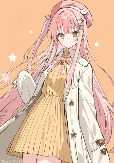 1girl,   hanekoto, holding, hand up, ribbed dress, smile, orange background, hair bow, bow, puffy sleeves, one side up, hat bow, pink hair, white coat, standing, closed mouth, pink headwear, character hair ornament, open clothes, open coat, star in eye, dress, pink ribbon, looking at viewer, very long hair, simple background, coat, hair ornament, yellow dress, sidelocks, hat, sleeves past fingers, long hair, ribbon, hair ribbon, cowboy shot, twitter username, long sleeves, yellow eyes, beret, sleeves past wrists, symbol in eye, solo focus, star \(symbol\), masterpiece, best quality, newest <lora:hanekoto_image488_2024-03-28_a31-000018:1>