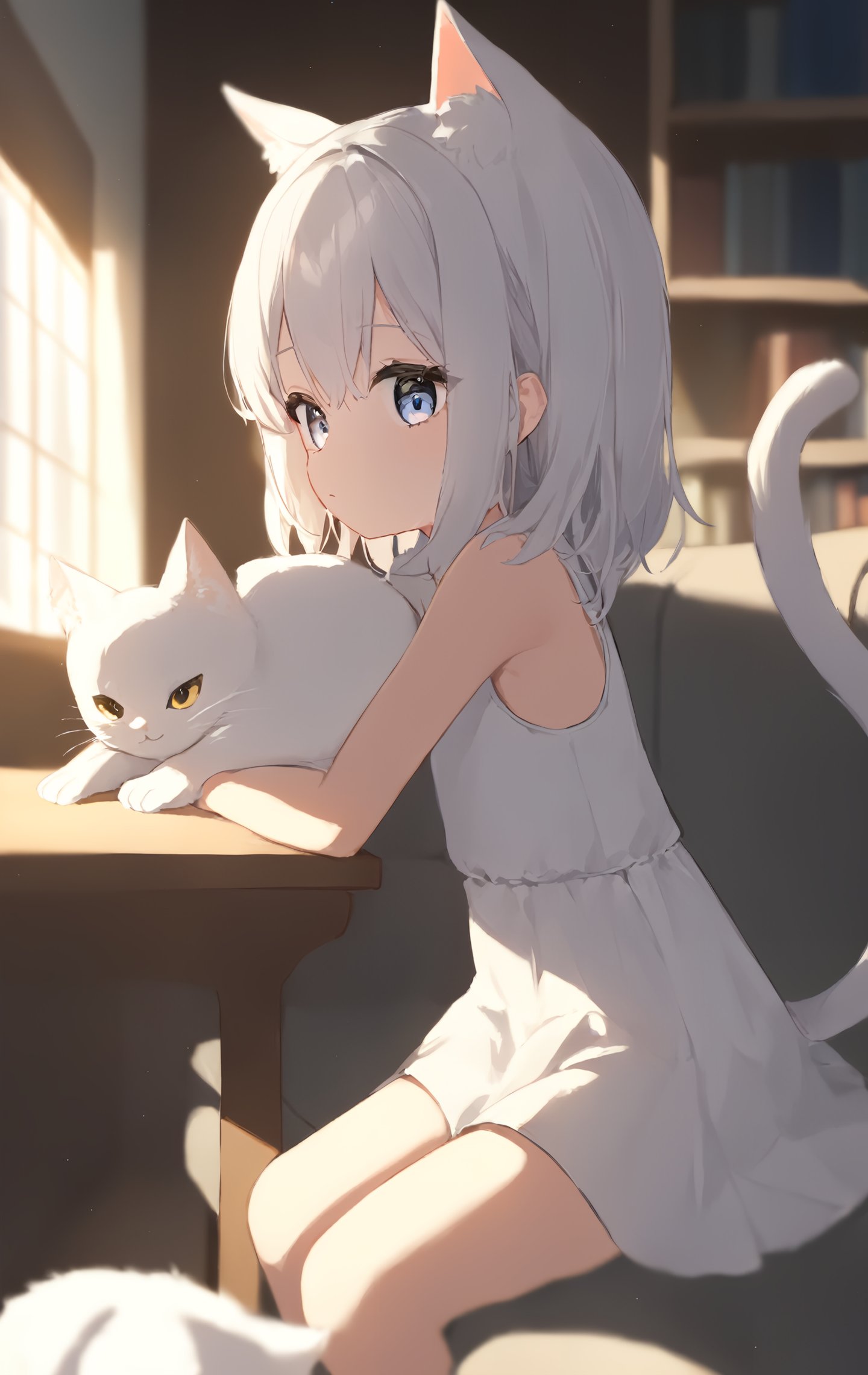 1girl, solo, a young girl with white hair and wearing a white dress sits on a couch, embracing a white cat, She has cat ears and a tail, showing her to be a feline creature like human, with a window letting in natural light and a bookshelf full of various books, Nearby, one can see a cup placed on a table, depth of field, blurry foreground, blurry background,masterpiece, best quality, absurdres, recent, newest, safe, sensitive