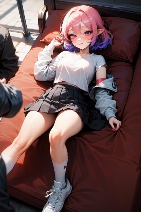 best quality,solo focus,1girl,lucid \(maplestory\),short hair,pink hair,pink eyes <lora:lucid-01:1> ,<lora:add_detail:0.5>,lying on back,white shirt, jacket, skirt, white socks, sneakers