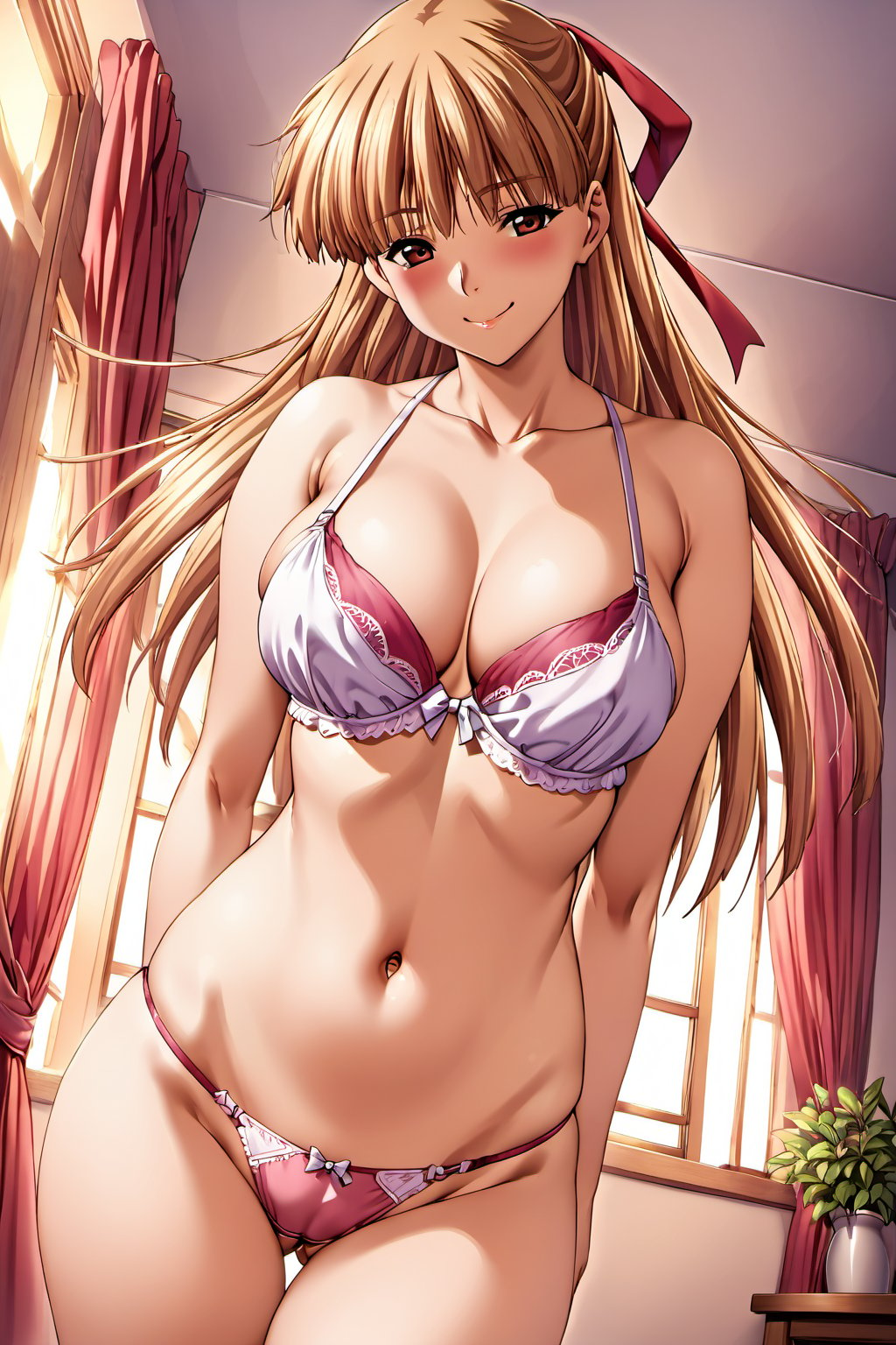 high detailed,very aesthetic,high detailed,very aesthetic, kanzaki asuka, 1girl, blonde hair, hair ribbon, red ribbon, breasts, underwear, solo, panties, bra, pink panties, navel, pink bra, brown eyes, looking at viewer, large breasts, collarbone, cleavage,blush, underwear only, closed mouth, white bow, thigh gap, cowboy shot, parted bangs, hair bow, stomach, smile, cameltoe, standing, bare shoulders, bow panties, indoors, arms at sides, ass visible through thighs, thighs, curtains, window, bow bra, bare arms, <lora:kanzaki asuka ghost:0.8>