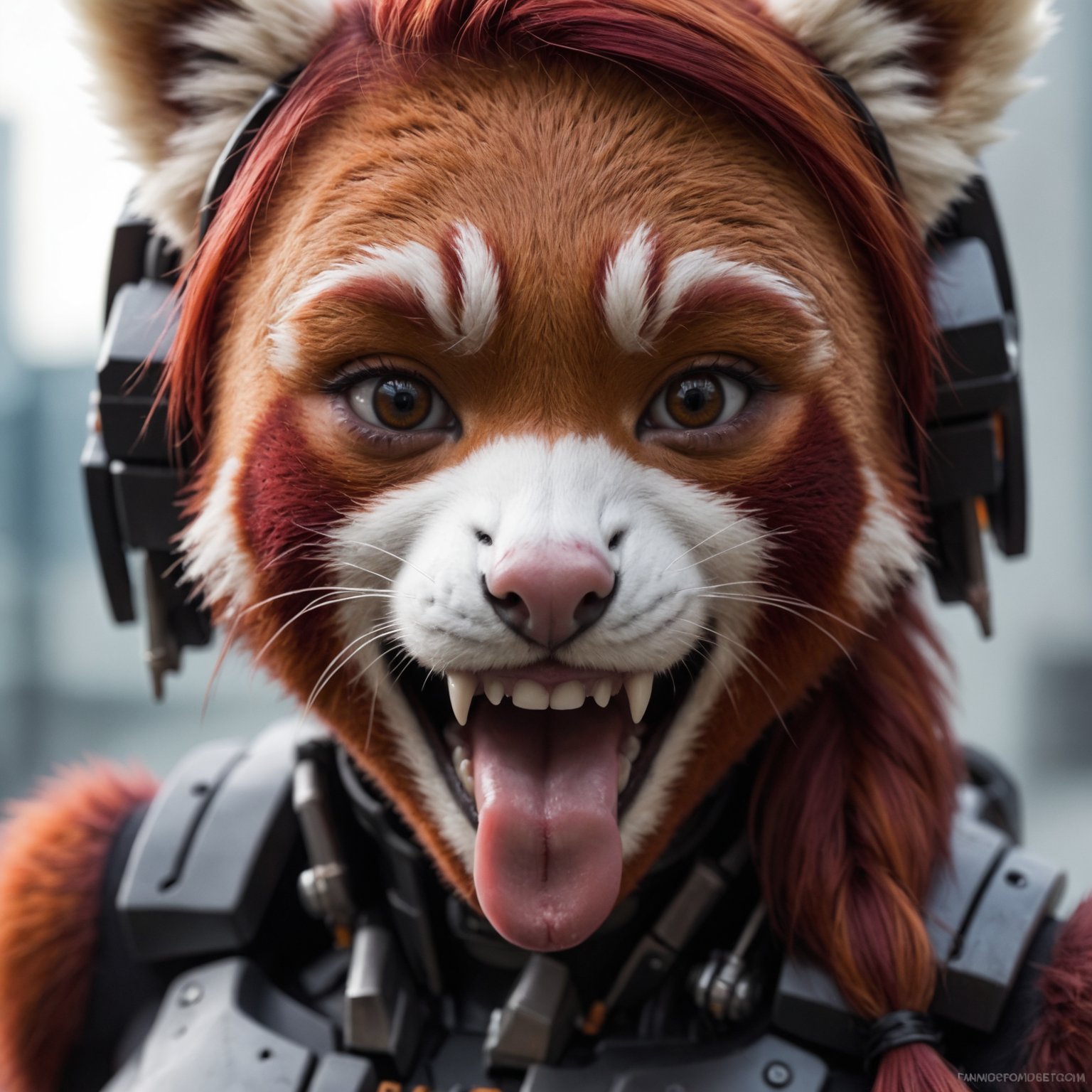 closeup,photo,face portrait, anthro, red panda , female,cyberpunk warrior , robotic parts, natural light, fangs, tongue 