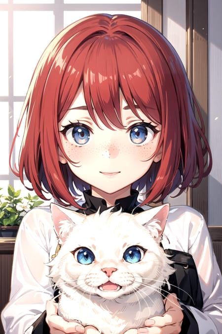 a beautiful anime girl, red hair, freckles, smooth skin, blurry background, holding a cat, soft, cute, happy, illustration, cute, perfect proportions, perfect face, perfect eyes