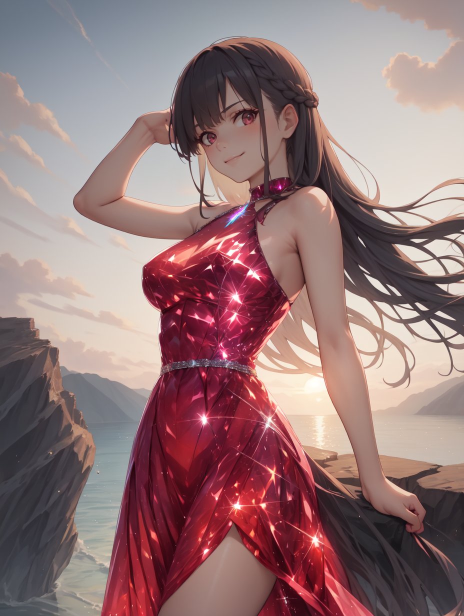 8k, masterpiece, highly detailed, high quality,1girl wearing a magenta (crystalline dress), <lora:crystalline_dress-SD-2.0:1>absurdly long hair, floating hair, arm up, sunrise, rocky cliff, glint, backlighting, see-through, cowboy shot, looking at viewer, smug, pose